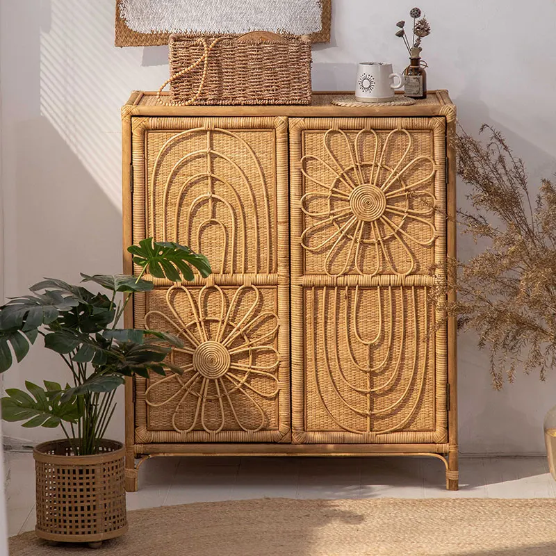 

Vintage minimalist rattan storage cabinet Light luxury entrance storage cabinet