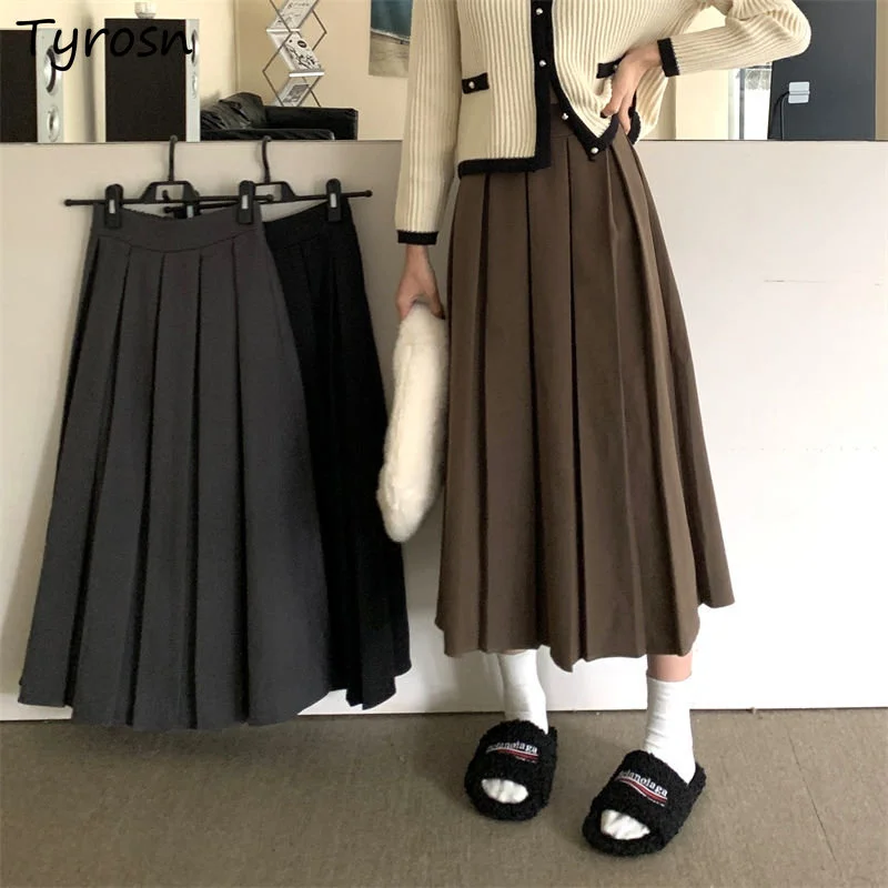 

Skirts Women Pleated Loose Casual Students Elegant Solid Midi Spring Simple All-match Daily Comfortable Korean Style Trendy New
