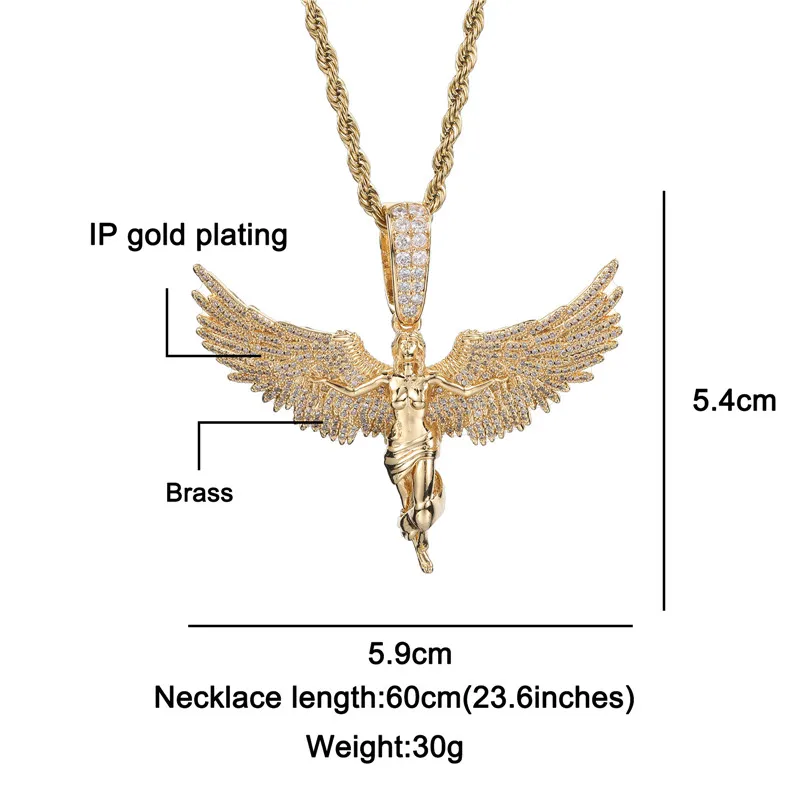 Iced Out Bling Angel Wings Pendant For Men Women Cubic Zirconia Necklace Chain Copper Material Hip Hop Jewelry