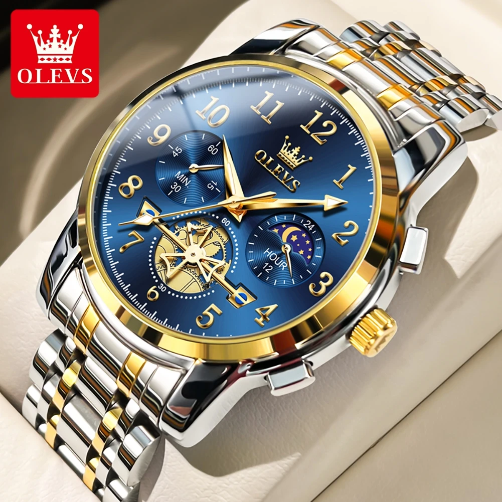 

OLEVS Brand NEW Quartz Watch for Men High Quality Multifunctional Chronograph Waterproof Stainless steel Moon Phase Men Watch