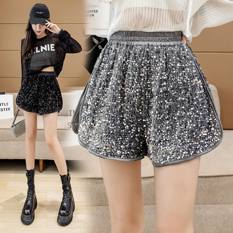 

Ladies Korean Fashion High Wasited Sequins Splicing Shorts Women Casual Girls Cute Sexy Glittering Booty Shorts Female Outerwear