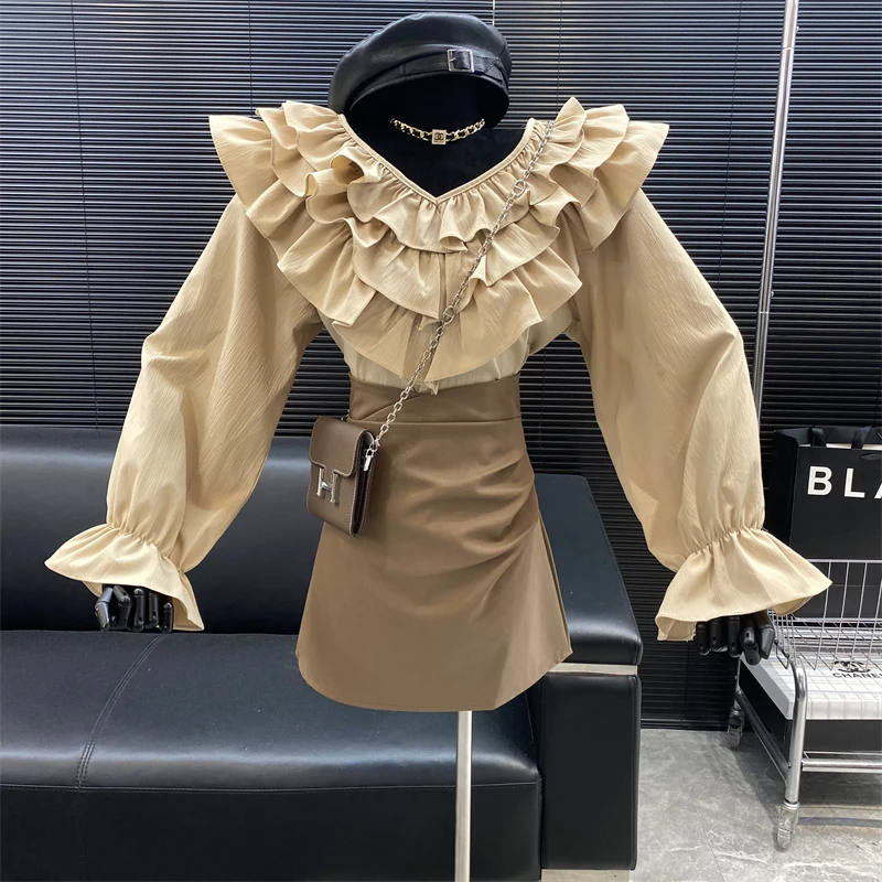 

Новинка 2022, модная дизайнерская блузка в новом стиле от известного бренда с оборками на воротнике и рукавах-пагоды, французская Милая свободная однотонная блузка