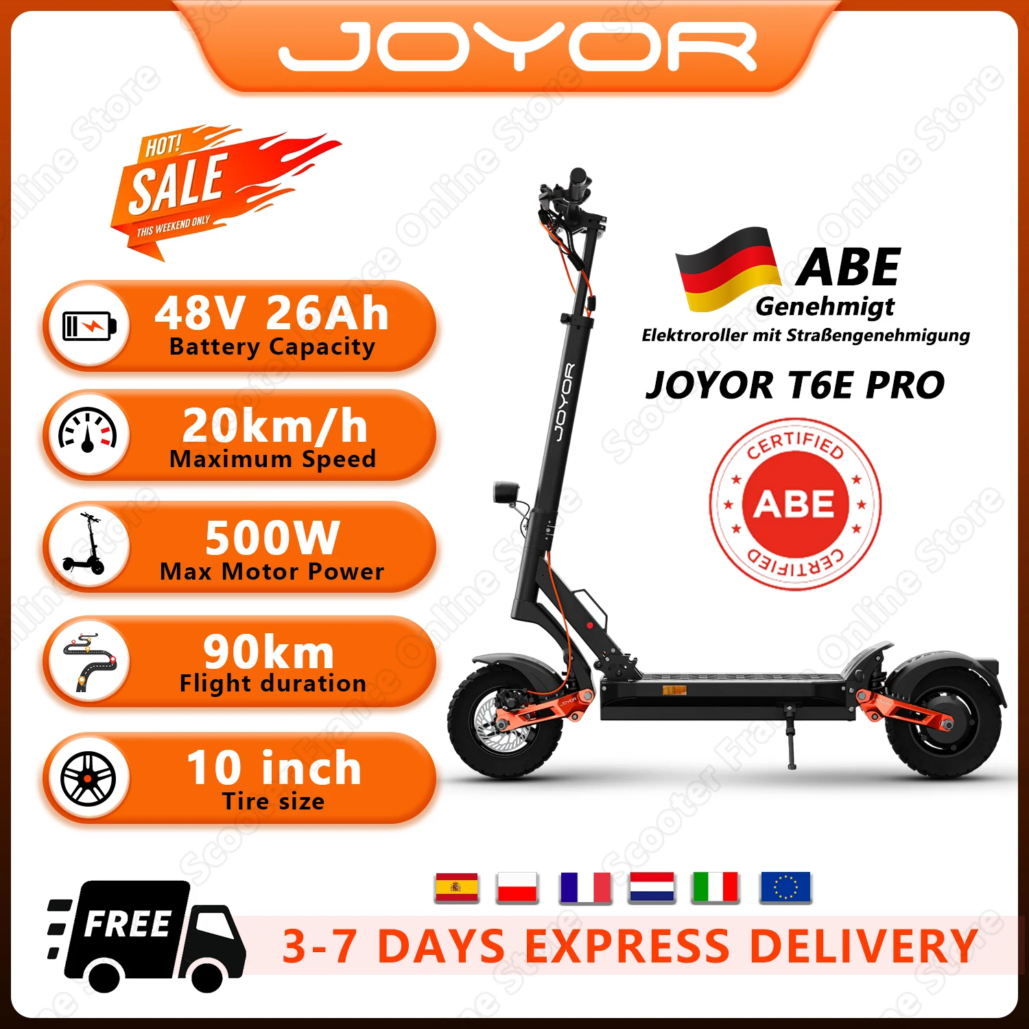 Trottinette électrique pour adultes JOYOR T6E PRO (ABE) 48V26AH avec clignotants avant et arrière, pneus de 10 pouces, homologuée pour la route allemande 1 Trottinette électrique pour adultes JOYOR T6E PRO (ABE) 48V26AH avec clignotants avant et arrière, pneus de 10 pouces, homologuée pour la route allemande 1
