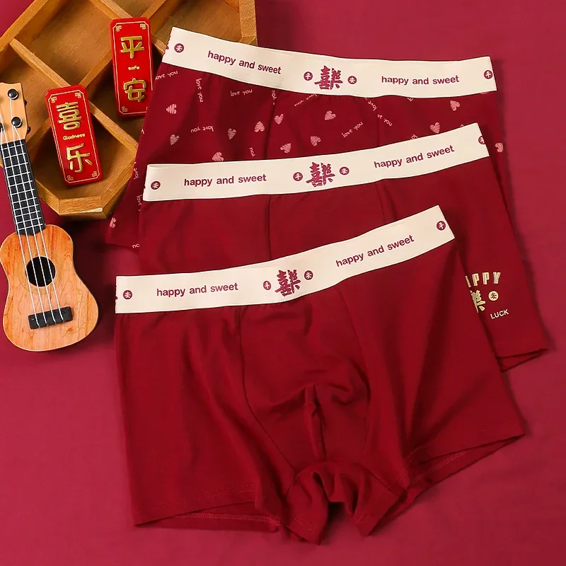 

Joy Peace The Year of Life Wine Red Men's Underwear Pure Cotton Boys Wedding Boxers Four Short Shorts Large Size