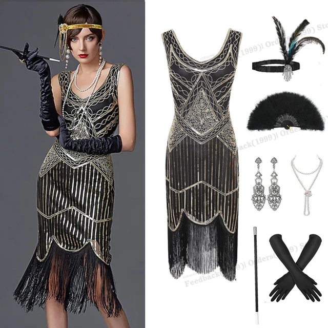 Ladies Black & Silver 1920s Flapper Charleston Gatsby Outfit Costume Fancy  Dress