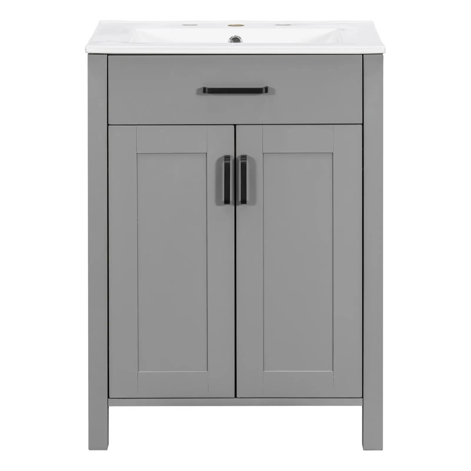 Grey Solid Wood Bathroom Vanities Ceramic Sink Combo Space Saving Doors Cabinet Set for Small Contemporary Bathrooms