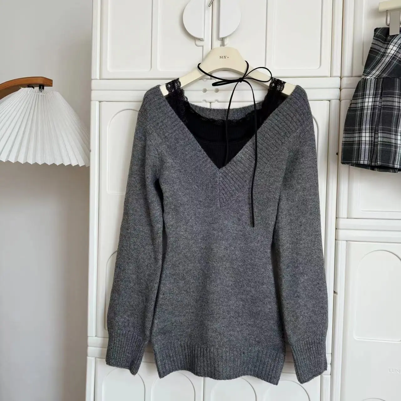 Autumn Winter Woman Gyaru V-neck French Vintage Sweater Long Sleeve Pullover Knitwear Mini Skirt 2000s Aesthetic 3-piece Outfits