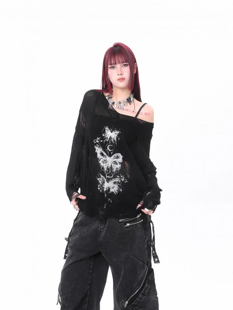Yedinas Loose Hollow Out Knitted Tops Long Sleeve Autumn Print Women's Sweater Pullovers Lazy Style Knitwear Korean Trend 2024 2