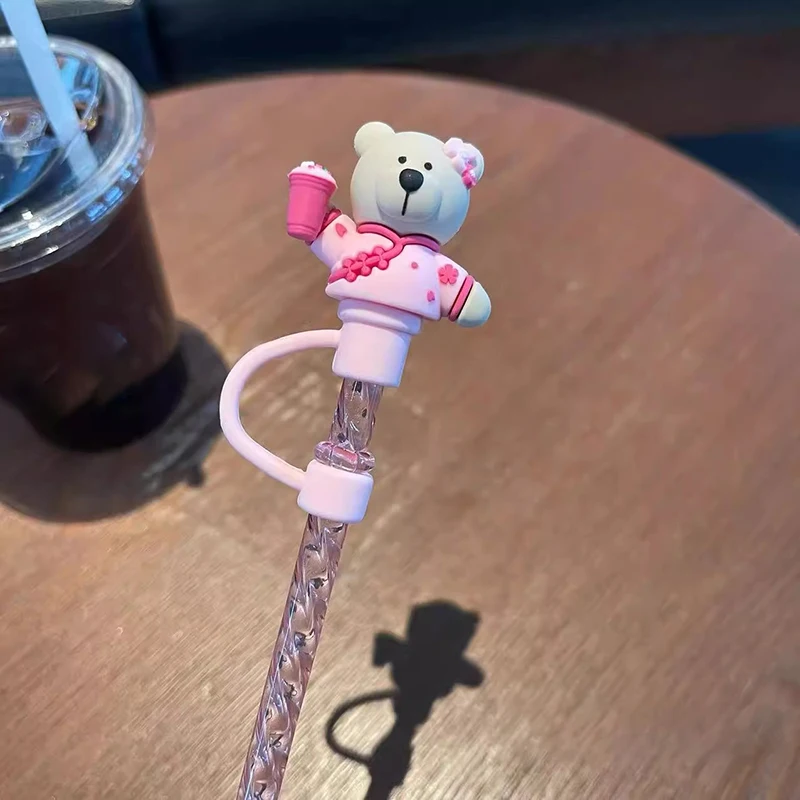 먼지 커버 캡이있는 귀여운 곰 짚 실리콘 카와이 고양이 발톱 짚 스토퍼 텀블러 핑크 빨대 팁 커버 보호대 7mm