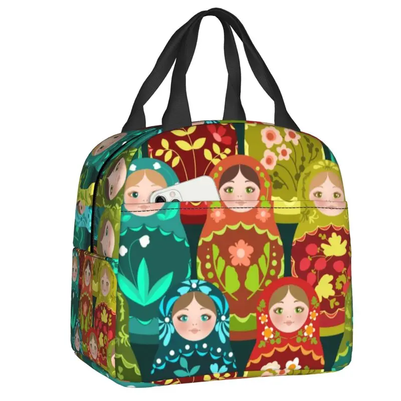 

Russia Matryoshka Doll Pattern Insulated Lunch Bags Russian Babushka Folk Art Resuable Thermal Cooler Bento Box Camping Travel