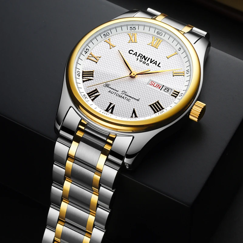 Carnival Business Silver Stainless Steel Self-Wind Men Mechanical Watch Luxury Elegant Waterproof Automatic Watch with Week Date