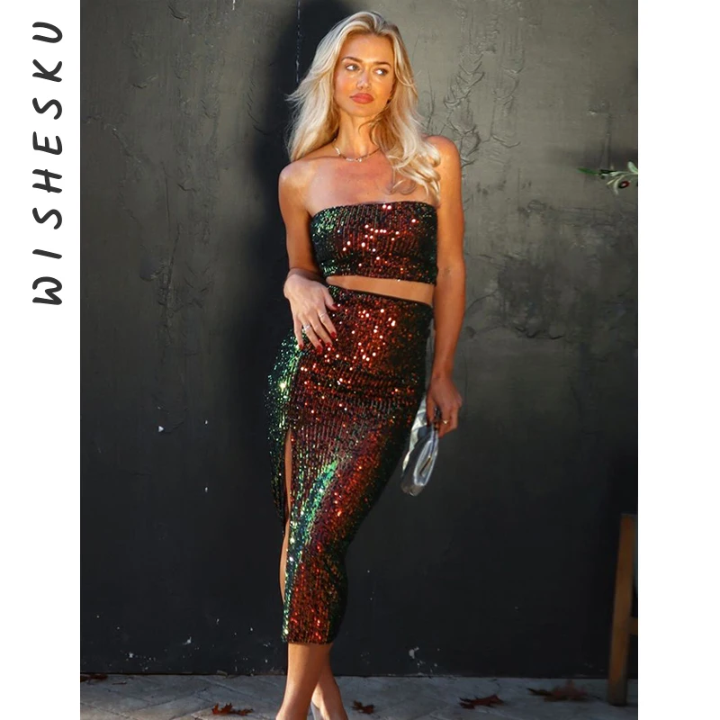 

Two Piece Set Women Sequined Glitter Outfits Sexy Strapless Corset Crop Top+High Waist Slit Midi Skirts 2024 Summer Night Club