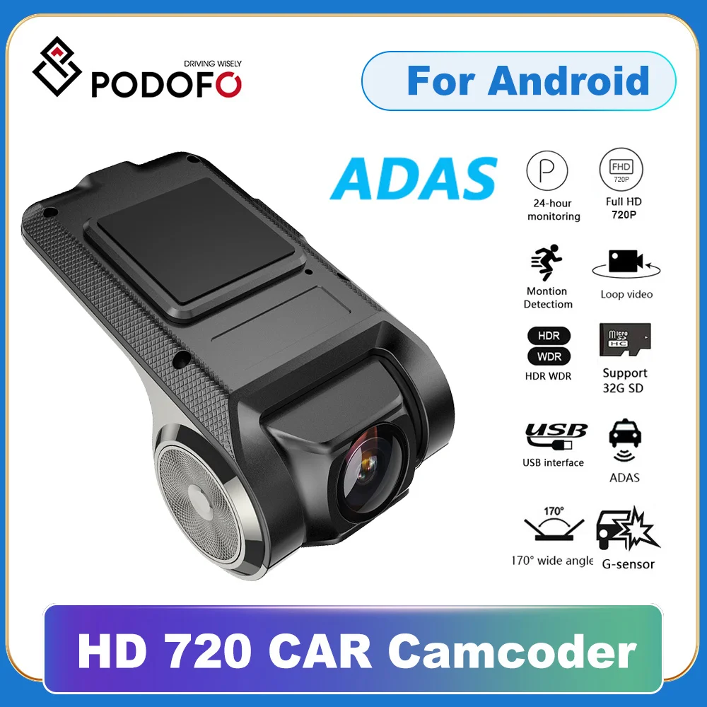 Podofo Dash Cam ADAS Car DVR  720P ADAS Dashcam DVRs Video HD USB TF Card Auto Recorder for Android Multimedia Player DVD