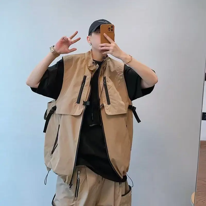 Spring New Multi Pocket Workwear Vest, Couple Trendy Brand Stand Collar Loose Outdoor Functional Zipper Fishing Gear