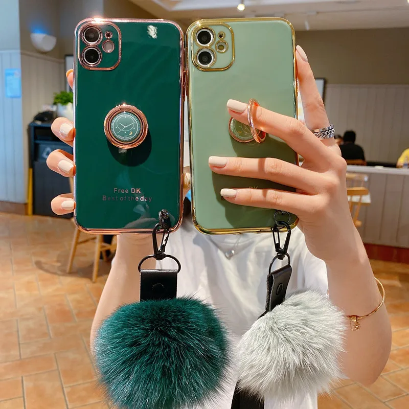 The Silicone Soft Case For IPhone 13Promax 12Mini 11 ProMAX XS XR 7Plus 8Plus Clock holder Phone Case with Wool ball wristband iphone 11 Pro Max phone case