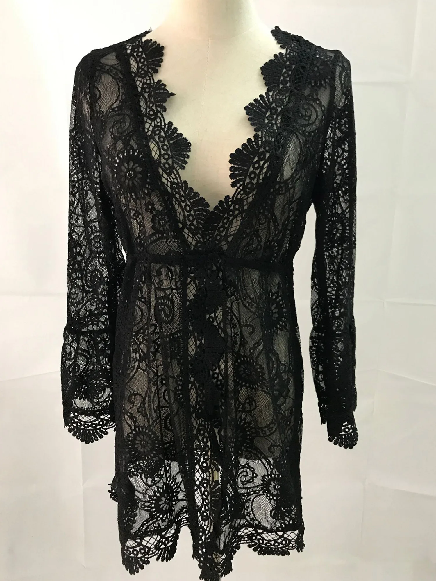 Women Beach Bikini Cover-Ups Dress Plunging V Neck Long Sleeve See Through Lace Dress Above Knee Dress Beach Holiday Dress