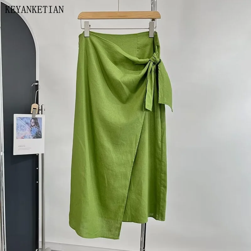 

KEYANKETIAN 2024 New Launch Women's High-waisted MIDI Skirt Front Knot Decoration Asymmetrical Elegant Slim Blended A-line Skirt