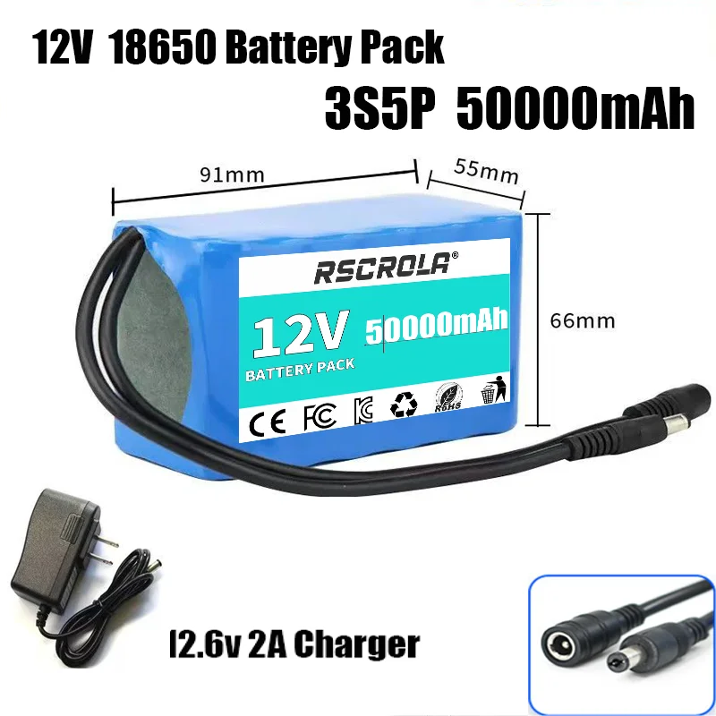 12V 20Ah-50Ah 3S5P 18650 Lithium Ion Battery Pack with BMS + Charger Super Large Capacity Rechargeable DC12.6V image 9