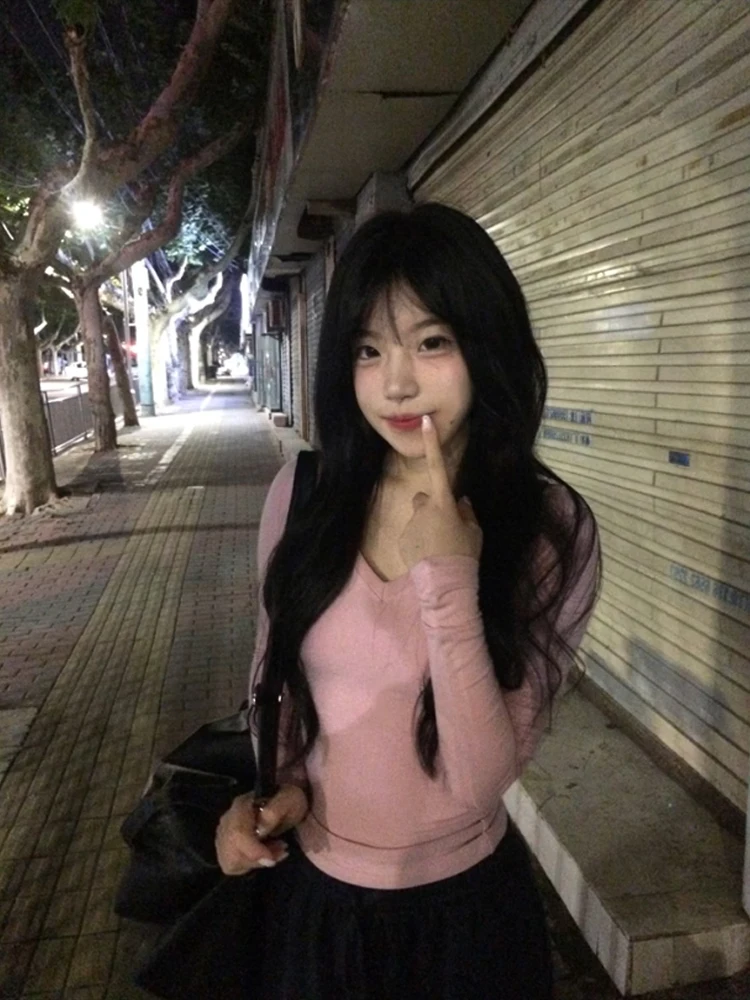 American Sle Sexy Girl V-ne Pink Long Sve T-irt Women's Autumn Elastic Slimming Sexy Underwear Base Top