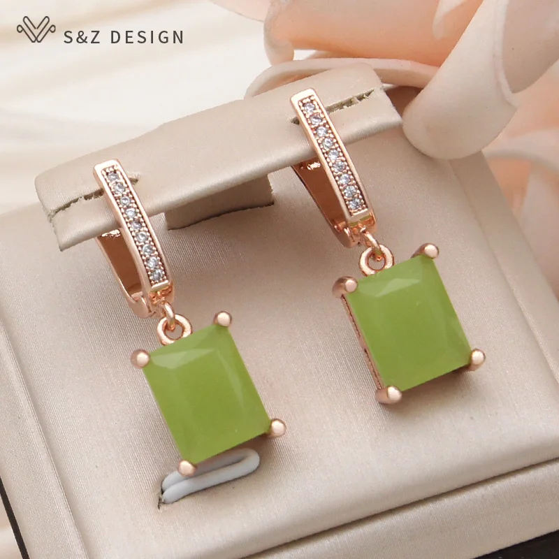 S&Z DESIGN New Fashion Cubic Zirconia Rectangle Dangle Earrings For Women Elegant 585 Rose Gold Color Jewelry Daily Accessories