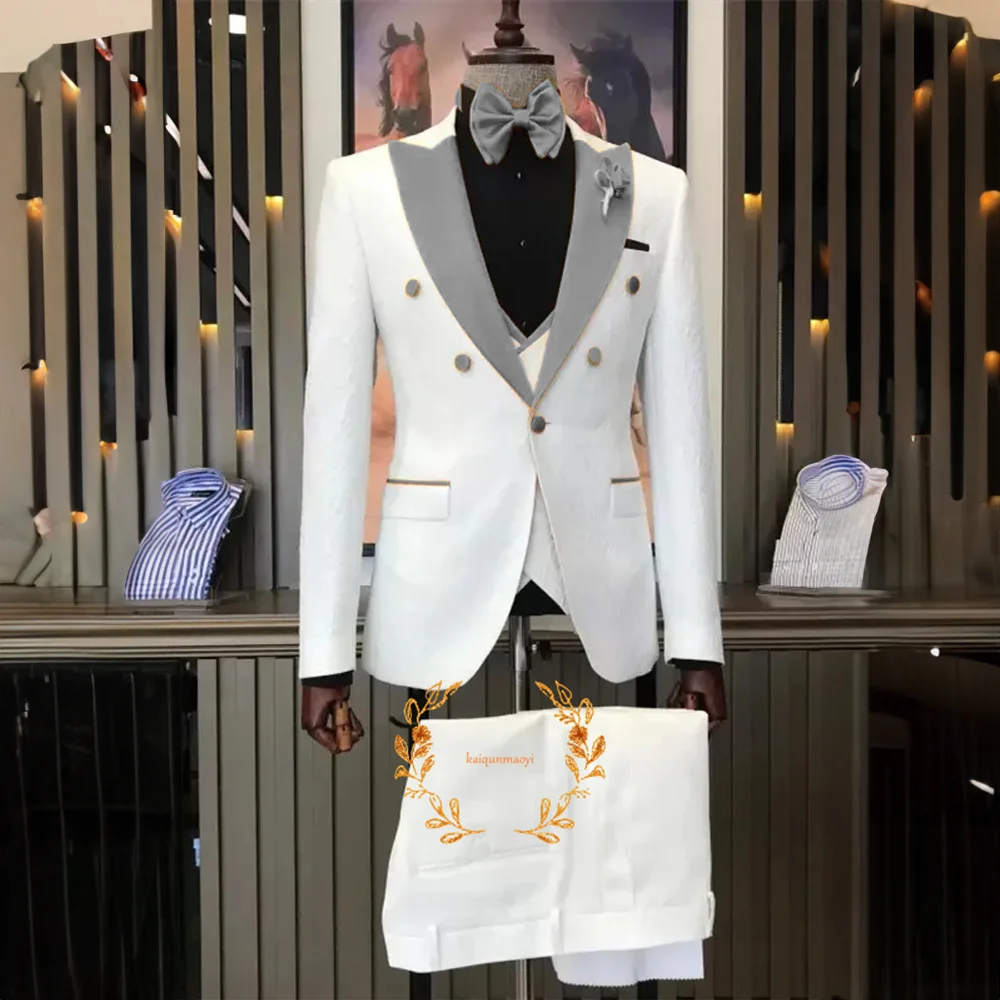 Jacquard Men's Wedding Suit 3-piece Set Fashionable Jacket Pants Vest Peaked Collar Blazer XS-5XL Elegant Suit