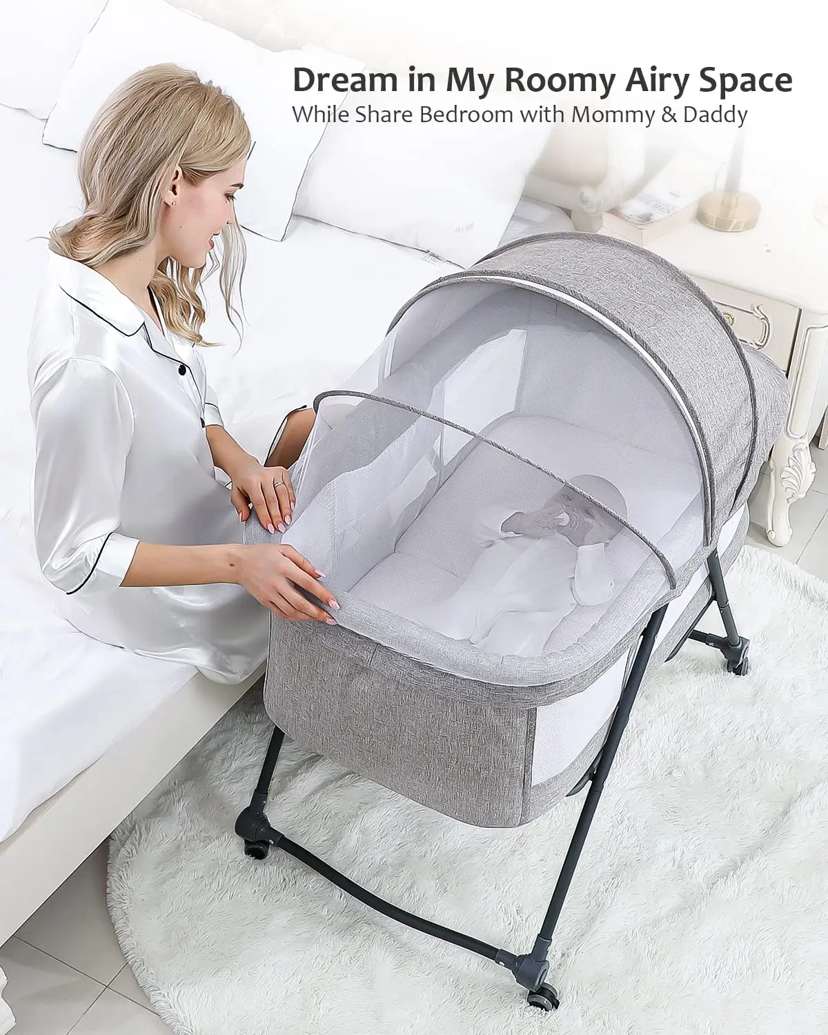 UBRAVOO Grab-and-go Travel Cot, Baby Crib with Mattress I Silent Wheels, Baby Bedside Crib Rocking Crib Convertible for Newborn S5f5615d7453a41e299039b3d85b2a9f3h