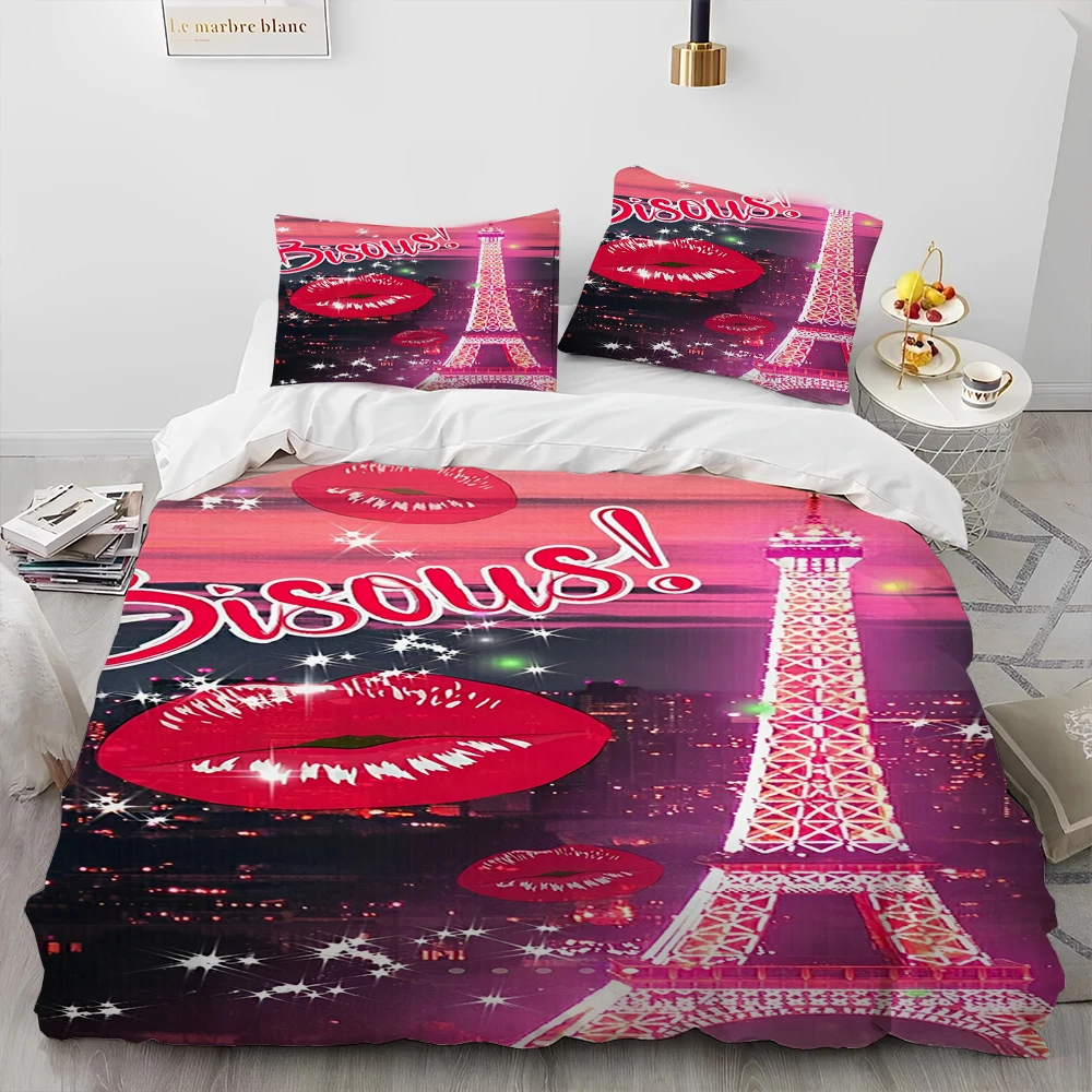 

France Paris Eiffel Tower Romantic Comforter Bedding Set,Duvet Cover Bed Set Quilt Cover Pillowcase,King Queen Size Bedding Set