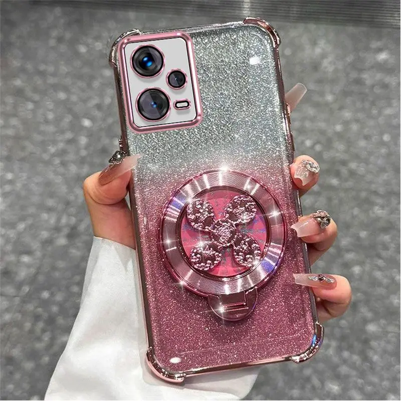 Gradient Glitter Phone Case with Holder and Hand Strap in Electroplated Design