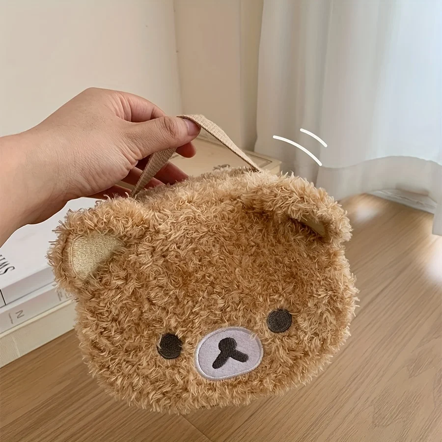 Plush Bear Makeup Bag Portable Cosmetic Organizer with 3D Embroidery Mesh Compartments Travel Toiletry Storage for Women