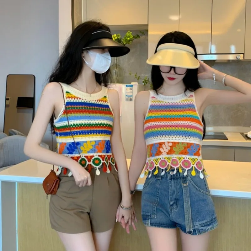 

Knitted hollowed out striped tassel suspender vest for women's summer sleeveless outerwear camisole ethnic style top