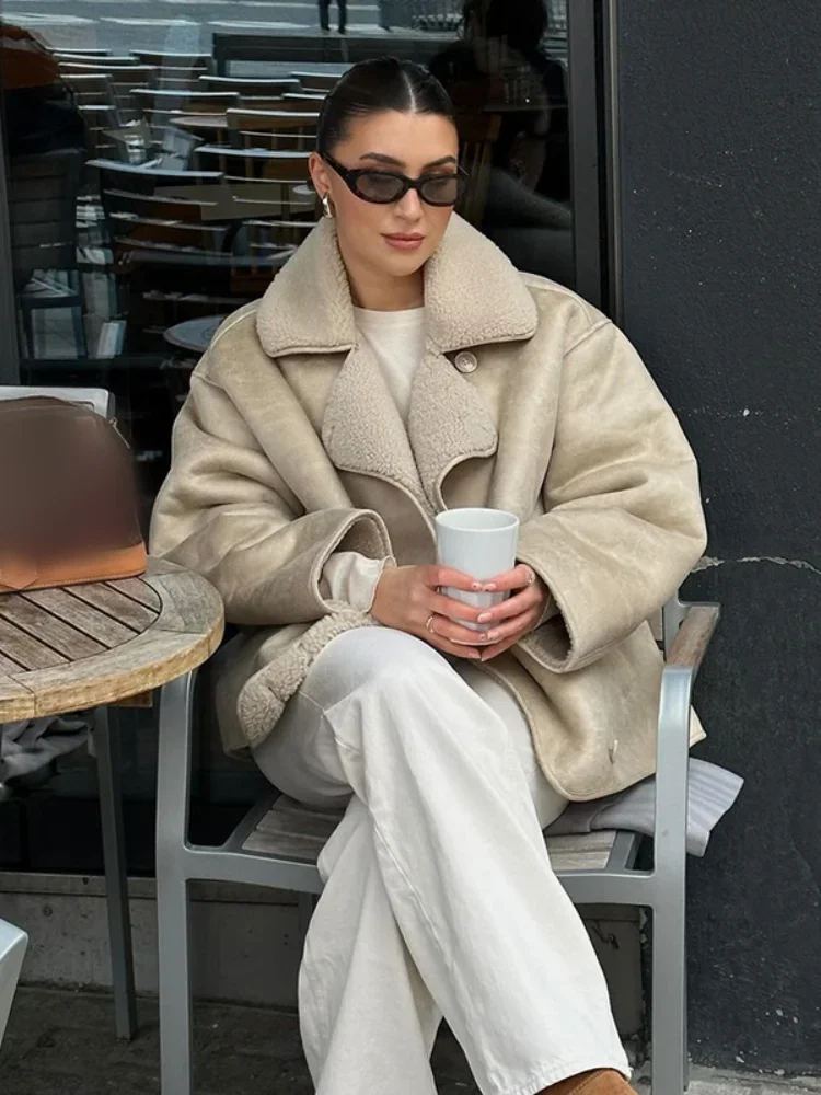 Chic Single Breasted Lapel Fleece Leather Jacket Women Long Sleeved With Pocket Warm Coat 2024 New Autumn Winter Thick Outerwear 4