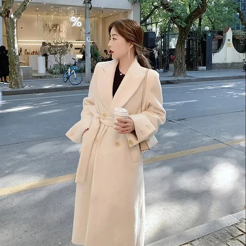여성용 우아한 롱 울 코트, 벨트 붕대 아웃웨어, 한국 오버사이즈 가디건, 모직 오버코트, 레이스 업, 올 매치 재킷, 겨울 신상