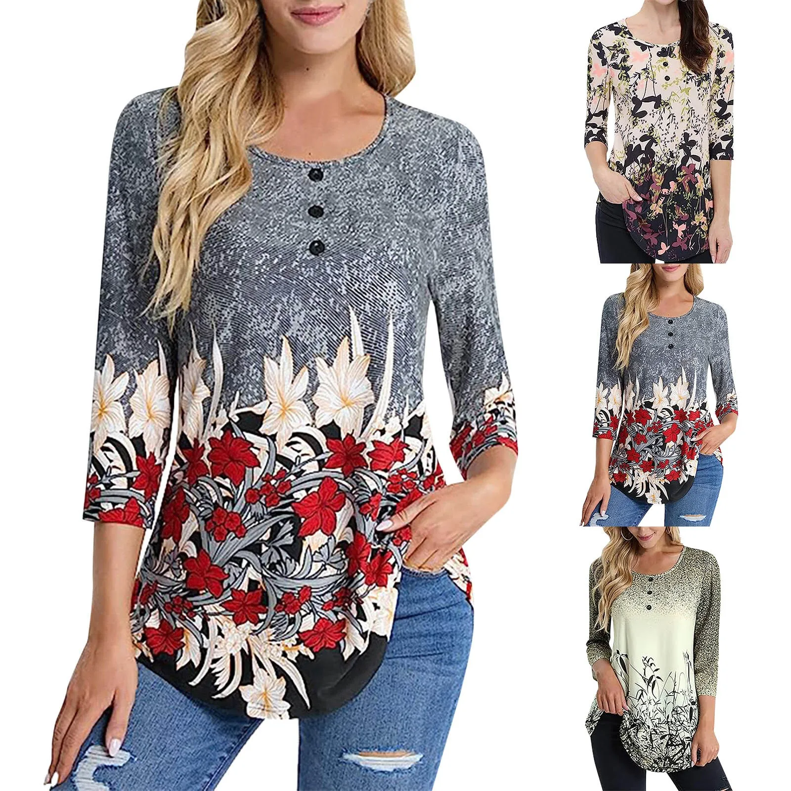 

Vintage Button O Neck Long Sleeves T Shirts Harajuku Print Autumn Hide Belly Loose Flowy Tunic Blouses Winter Loose Pullover Top