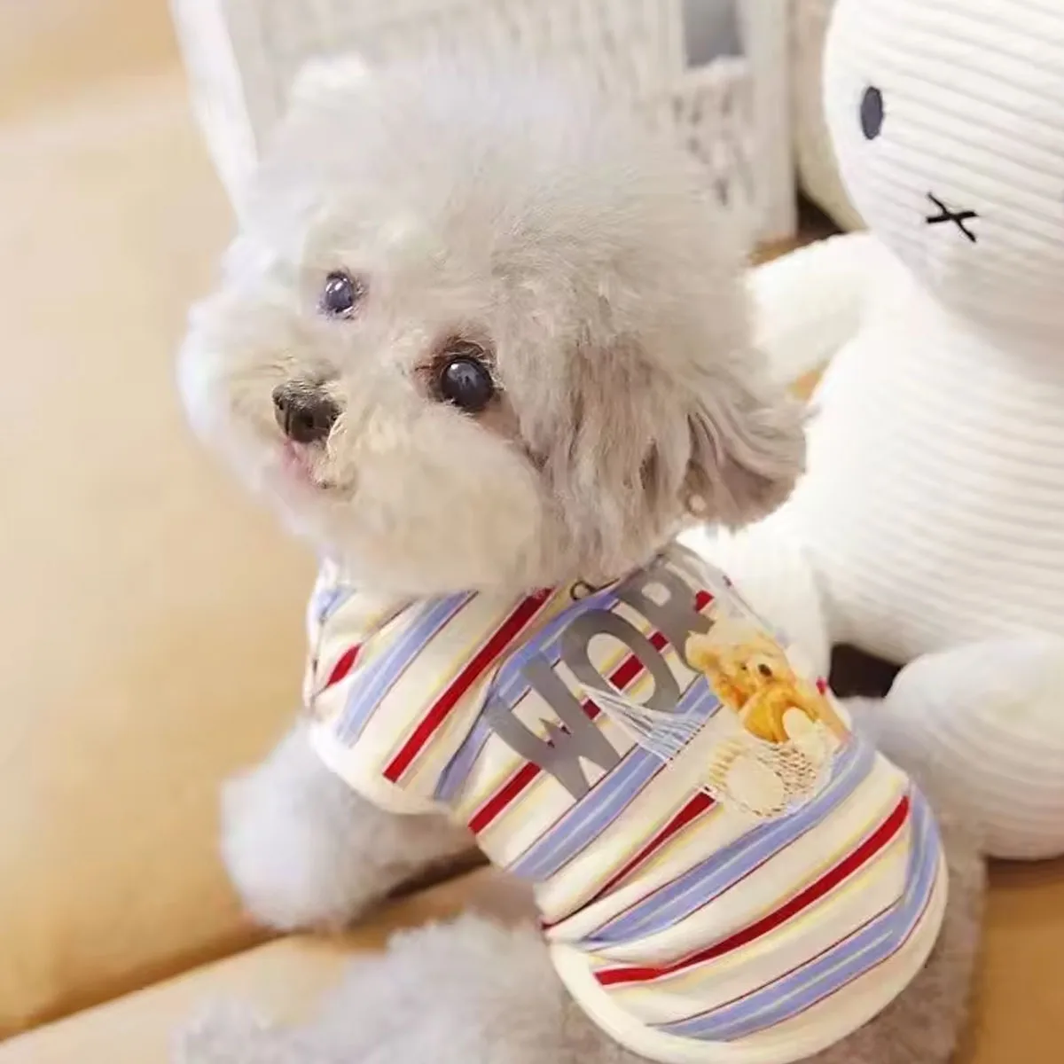 Pet Swing Bear Print Red Striped Vest Cat and Dog Cute Animal Theme Pet Clothing