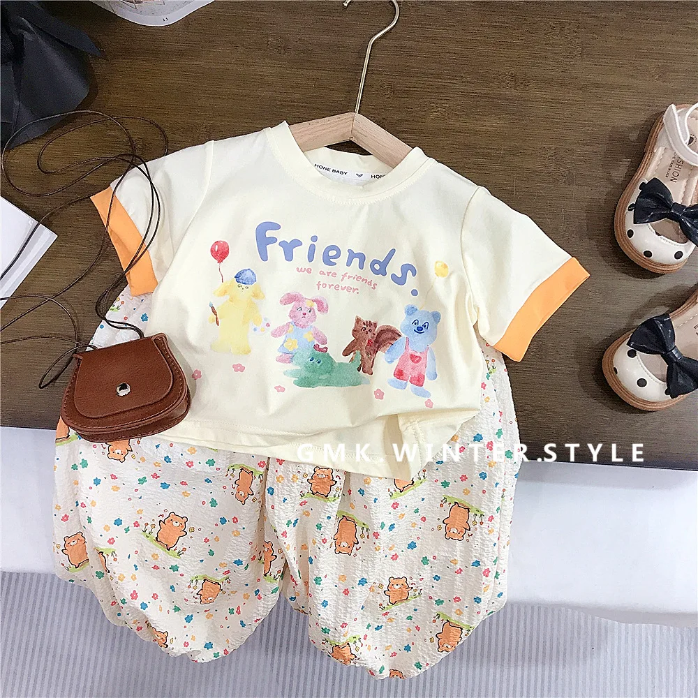 

Summer 2024 Infant Baby Girl 2PCS Clothes Set Cartoon Letter Contrast Top Thin Anti-mosquito Bear Print Pant Little Girl Outfits