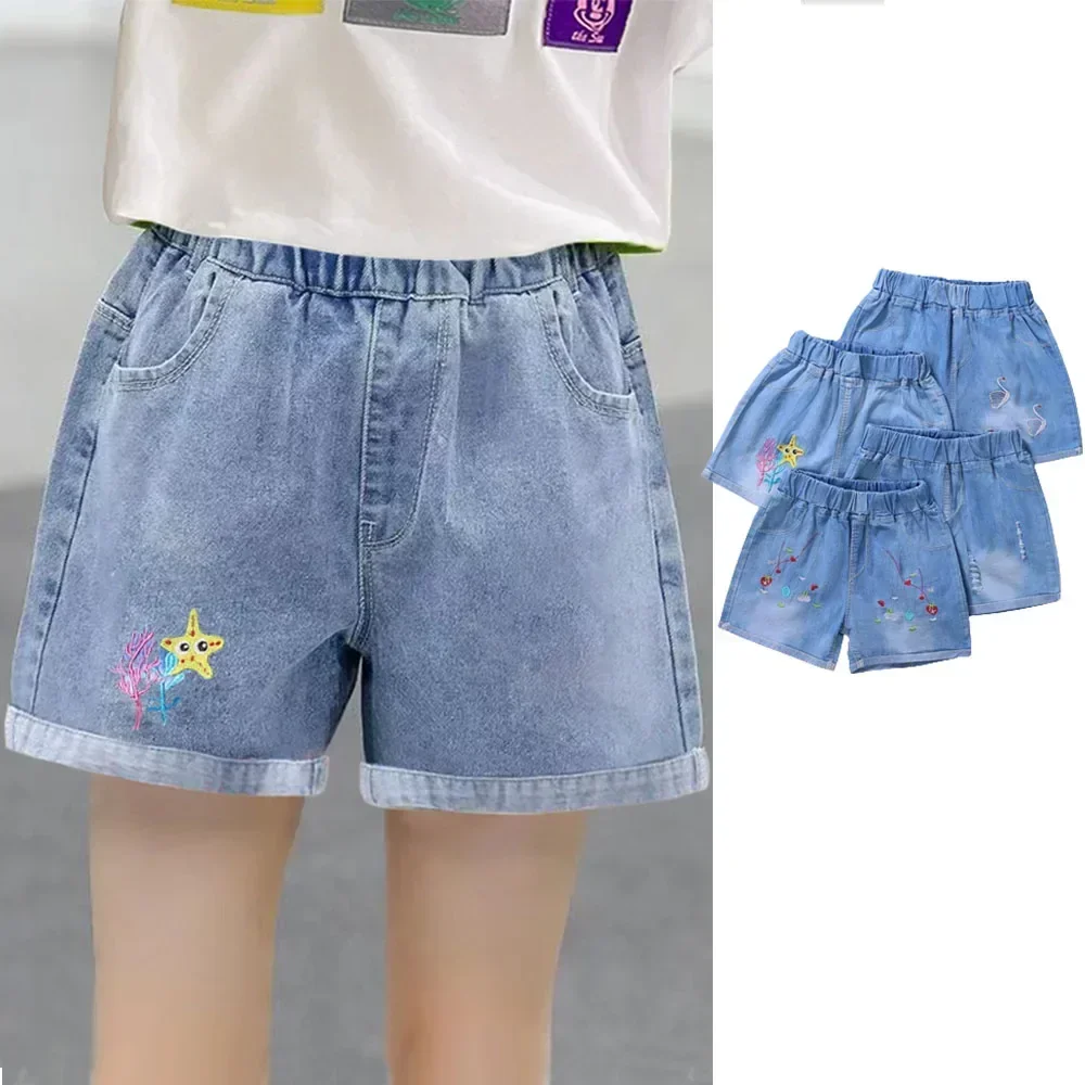Girls Shorts Jeans Kids Eastic Band Short Pant Summer 2 To 12 Yrs Children's Clothing Teenagers Cartoon Embroidery Trousers