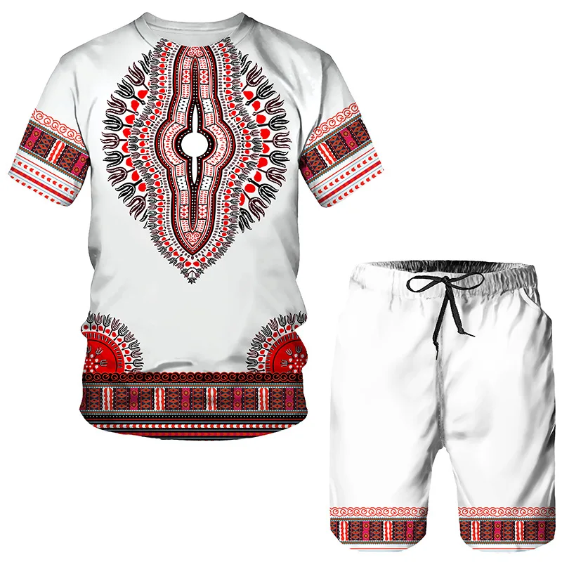 2023 African Retro Style Print Men’s T-Shirts Sets Africa Dashiki Men’s Tracksuit Tops Shorts Sport And Street Summer Male Suits