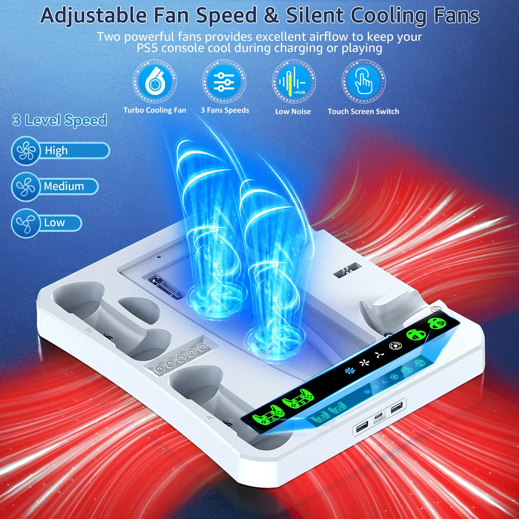 FOR PS5 & PS VR2 Charging Station with AC Adapter and 3-Level Cooling Fan for PS5 & PSVR 2 Controller Charger Dock Station