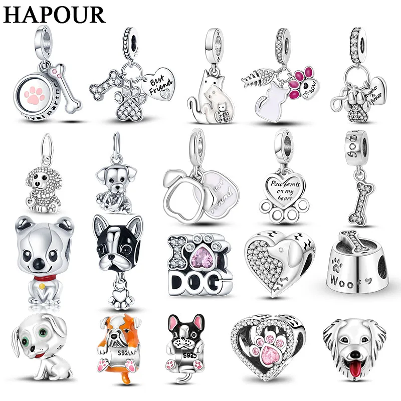 925 Silver Dog Dangle Charms Golden Retriever Bone Footprint Beads fit Original Pandora Bracelet Jewelry Making,beads charms,charm jewelry,animal charm jewelry