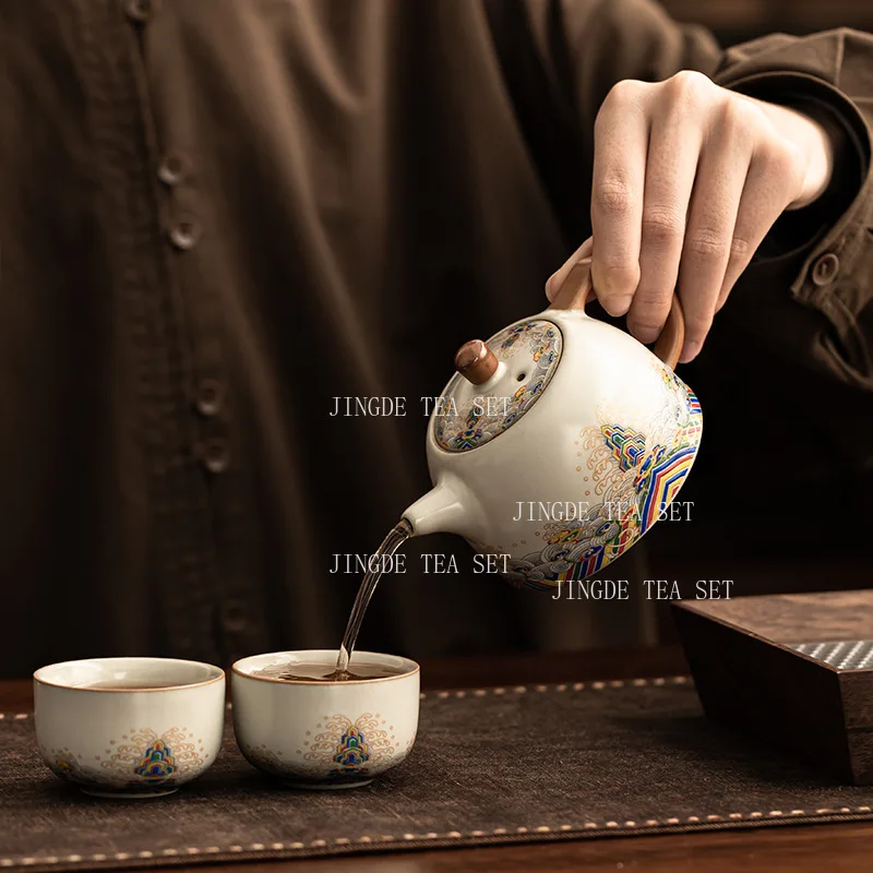 200ml Mihuang Ru Kiln Teapot Household Ceramic Large Capacity Tea Maker Chinese Underglaze Colored Teapot Drinking Utensils