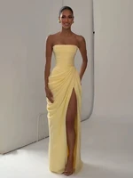 Women Sexy Solid Pleated Strapless Dress Lady Chic Off-shoulder Backless High Waist Split Dresses 2026 Summer Evening Party Gown