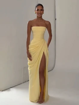 Women Sexy Solid Pleated Strapless Dress Lady Chic Off-shoulder Backless High Waist Split Dresses  Evening Party Gown 2026 New 1