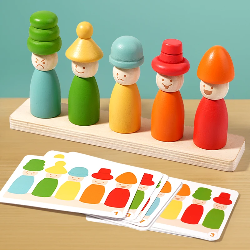 Brinquedos de classificação de cores Montessoris, brinquedos de madeira para aprendizagem precoce, habilidades motoras finas, chapéu de fantoche, jogo de combinação de rostos, brinquedos criativos de empilhamento para crianças