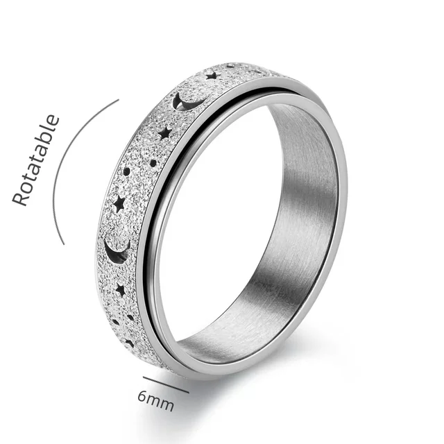 Hot Selling Fashion Casual New Stainless Steel Niche Decompression Rotating Hollow Star Moon Rotating Ring Wholesale Size 6-12