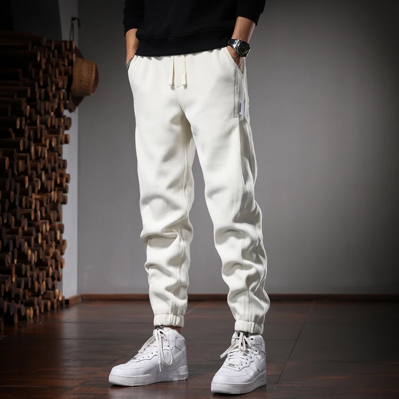 Autumn Beige Baggy Pants Men Casual Sports Elastic Waist Drawstring Jogging Trousers