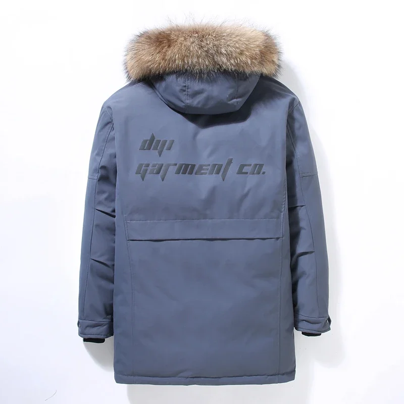 Men's Long Down Jacket Winter 90% White Duck Down Wool Collar Hooded