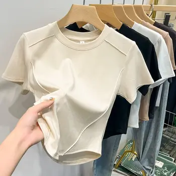 2026 Summer White T-shirt Cotton Female Short-sleeved Student Versatile Slim T-shirt Harajuku Crop Top Trend 1