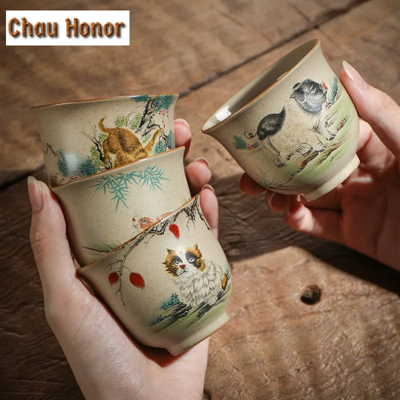 130ml Retro Coarse Pottery Tea Cup Zodiac Tiger Tea Cup Master Cup Tea Set Household Coffee Mugs Boutique Tea Bowl Drinkware Mug