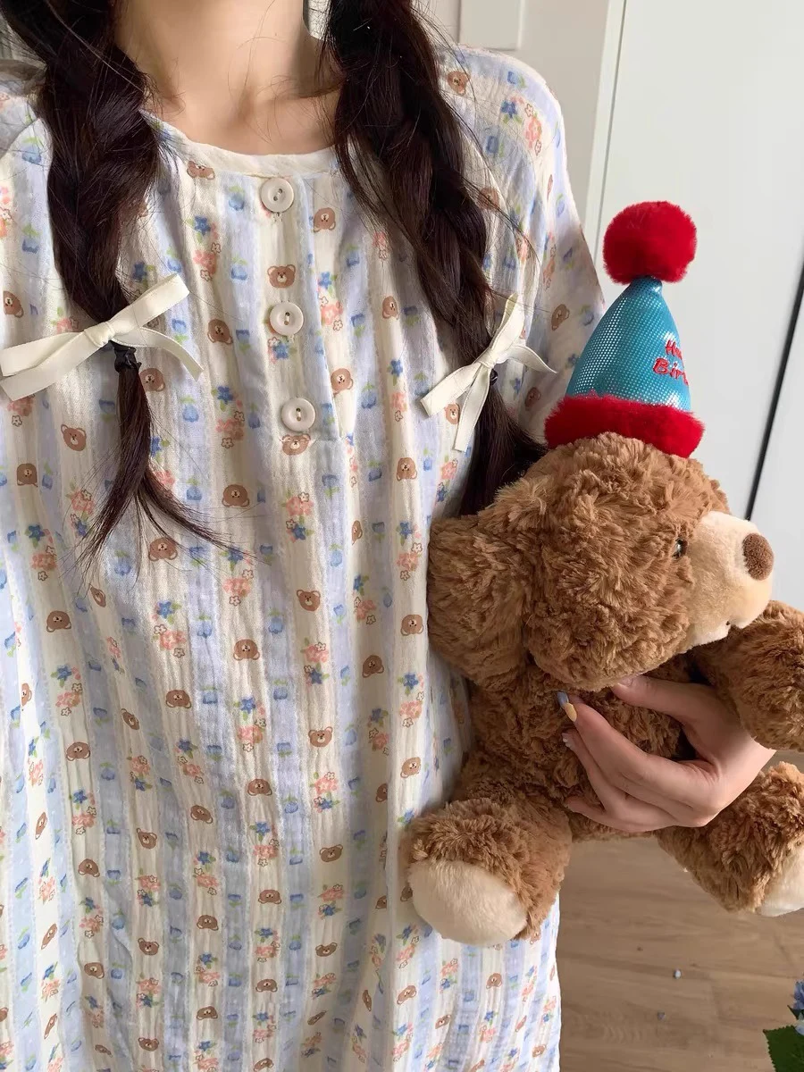 Korean Sle Cute Bear Summer Spwear Women's Thin Pure Cotton Nightgown Loose Large Size Home Clothes Sweet Sle Print