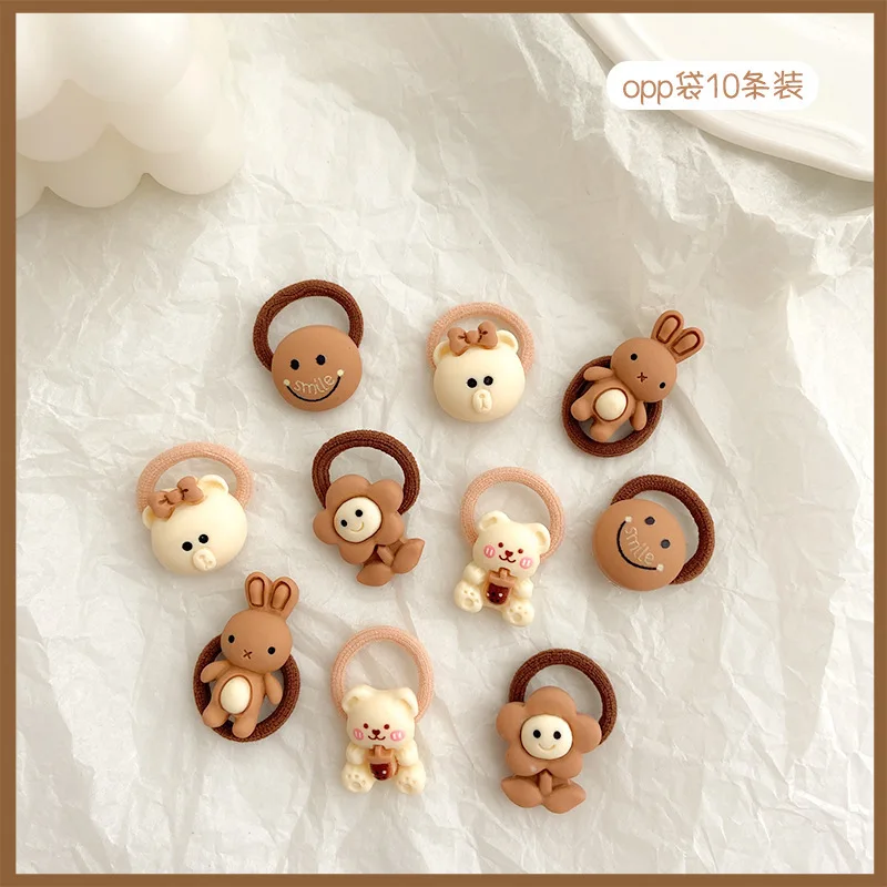 10Pcs/Set Cute Baby Girls Small Elastic Hair Rope Sweet Cartoon Bear Hair Accessories Lovely Flower Mini Scrunchies for Kids